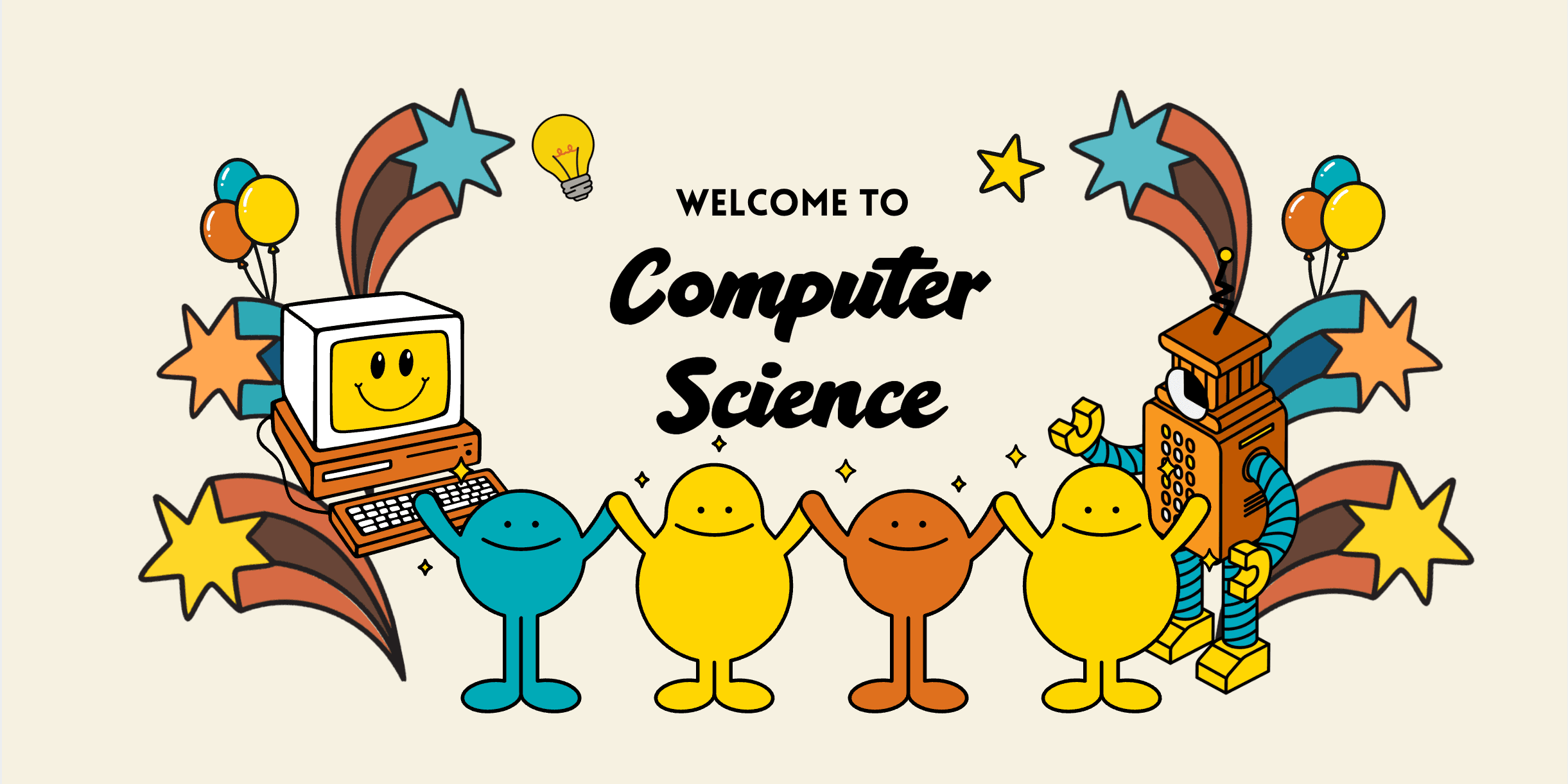 Welcome to Gone to CS 2026 — illustrated computer and robot characters with mascots holding hands, surrounded by balloons and stars